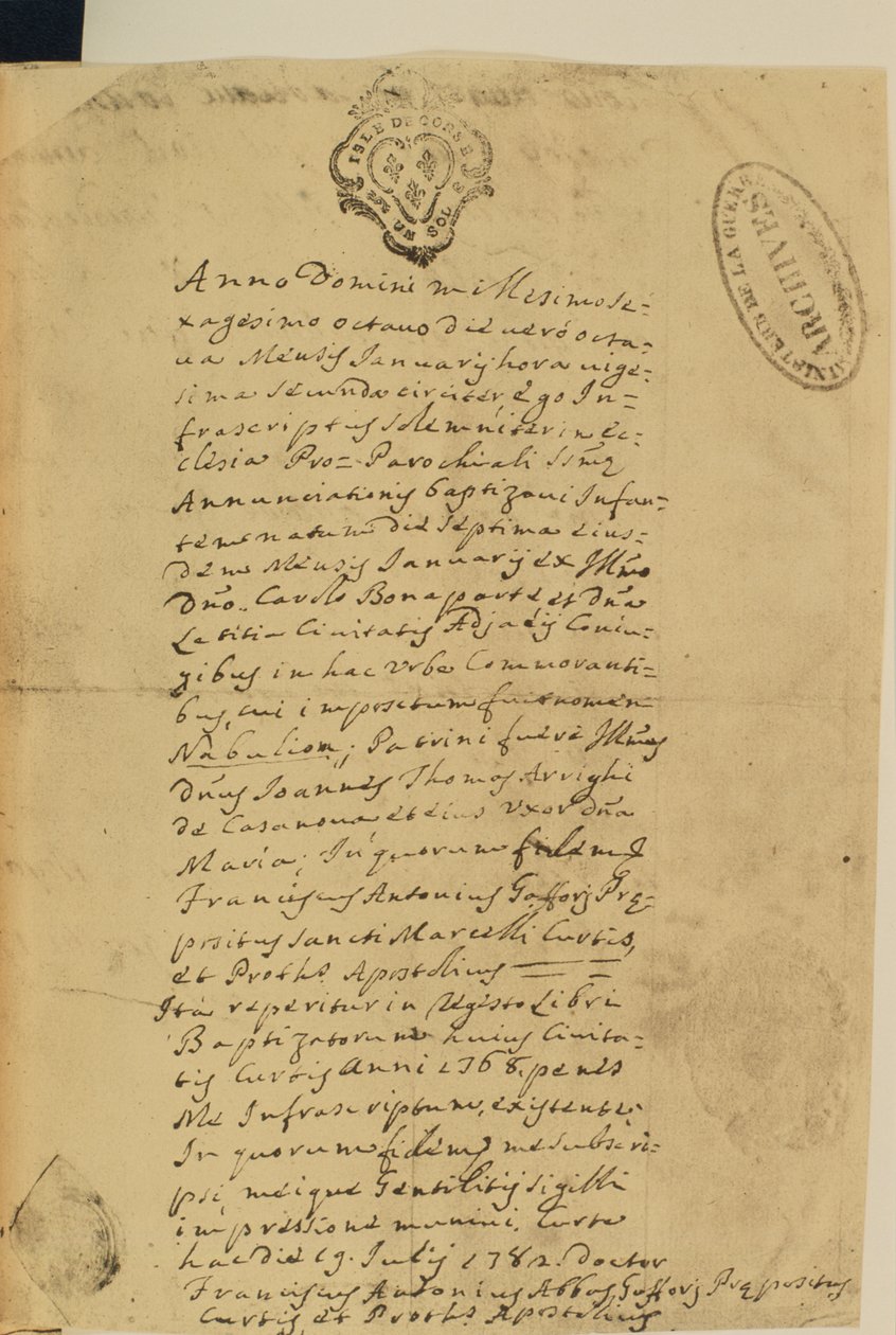 Napóleon születési anyakönyvi kivonata, 1769 alkotó: French School