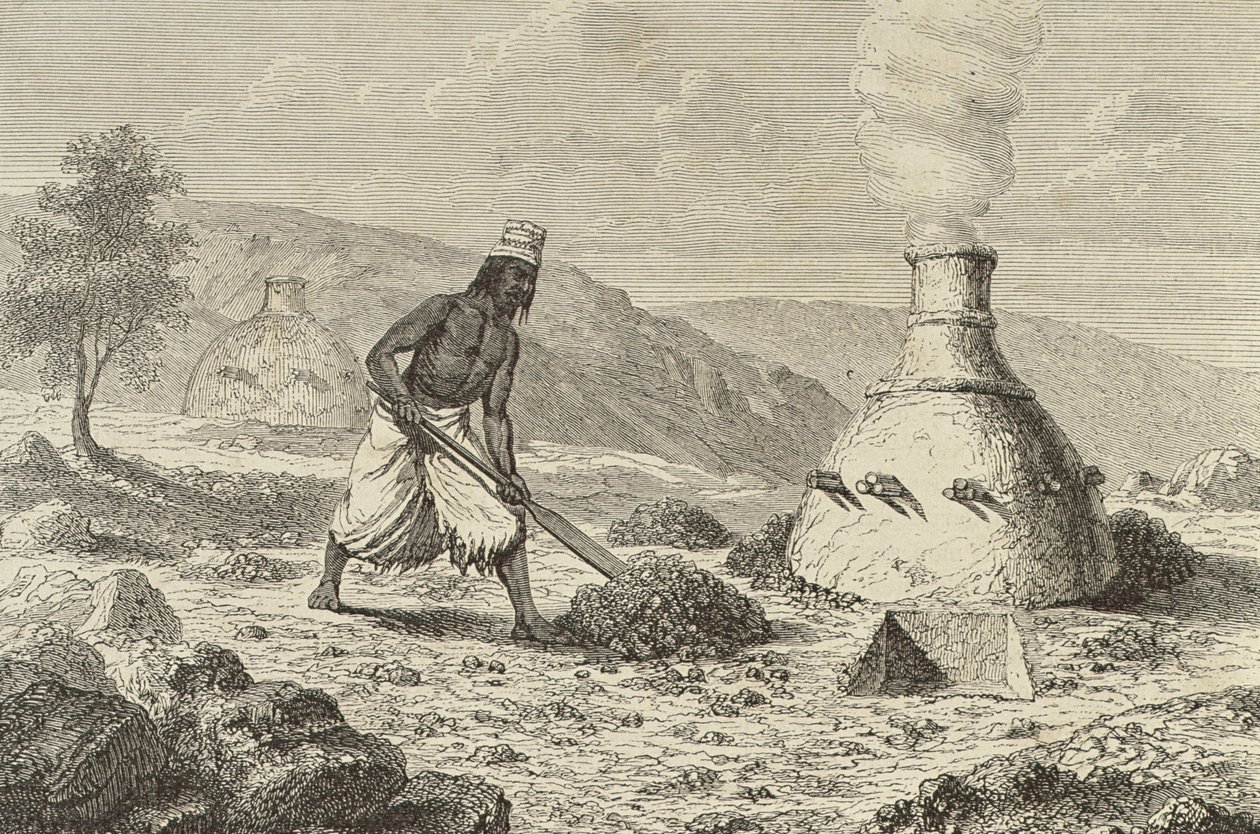 Őshonos vasérc olvasztása Fouta Djallonban, Guinea, 1850-es évek, a „Le Tour du Monde”-ból, 1860-as évek Párizsában alkotó: French School