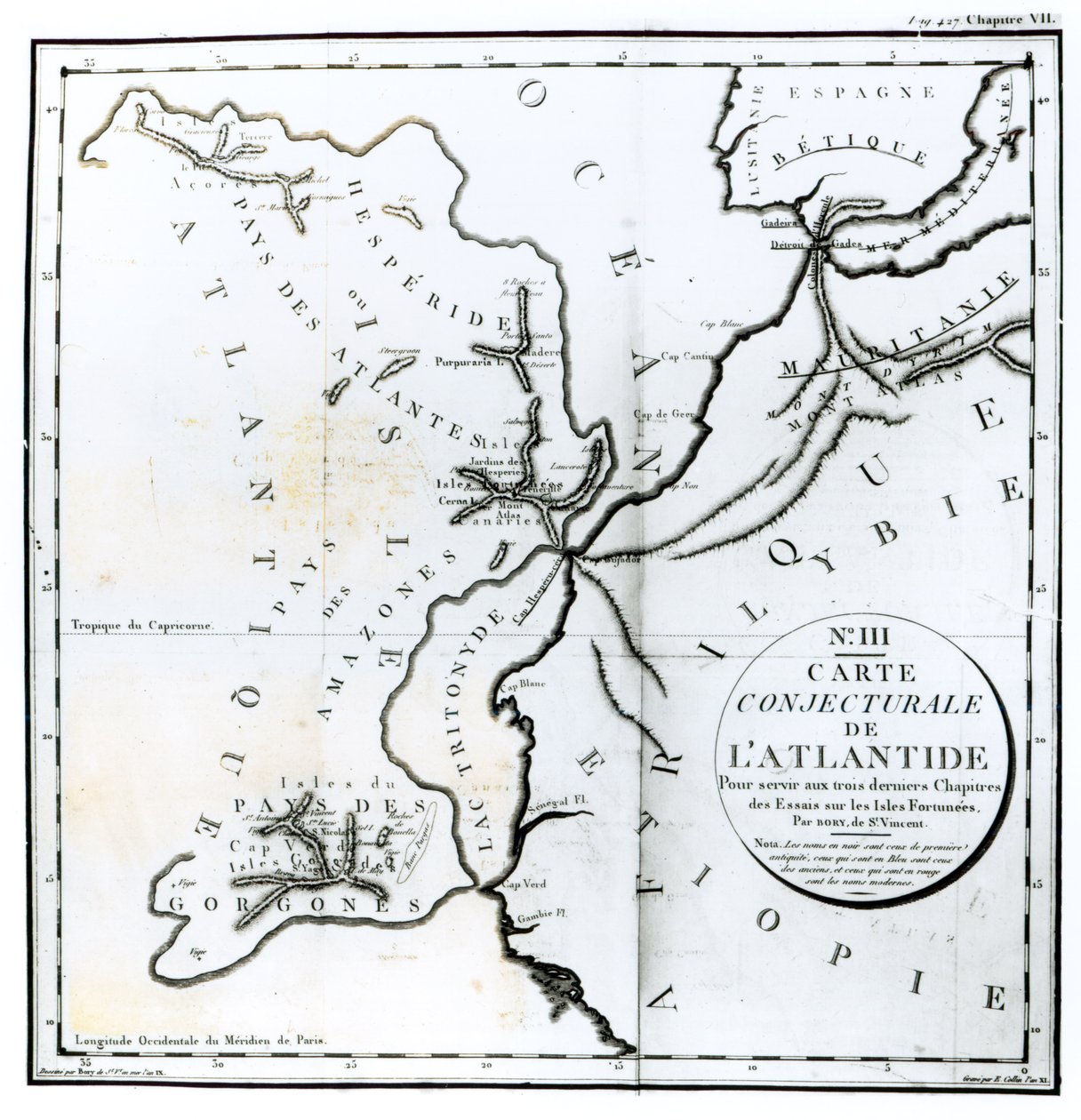 III. sz. Atlantisz szigetének sejtető térképe, amelyet Bory of St-Vincent és metszett E. Collin alkotó: French School