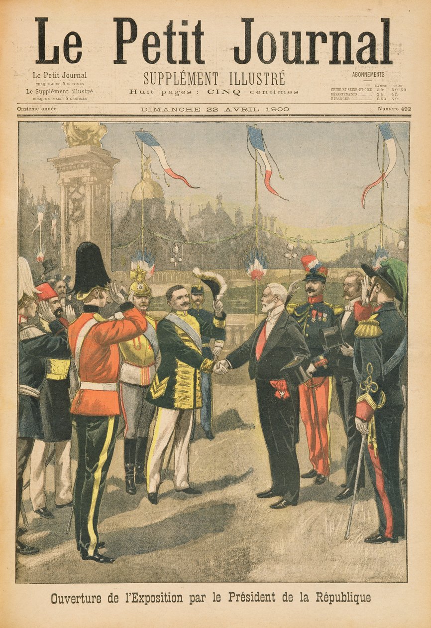 A köztársasági elnök 1900. évi egyetemes kiállításának megnyitója Párizsban, illusztráció a „Le Petit Journal”-ból, 1900. április 22. alkotó: French School