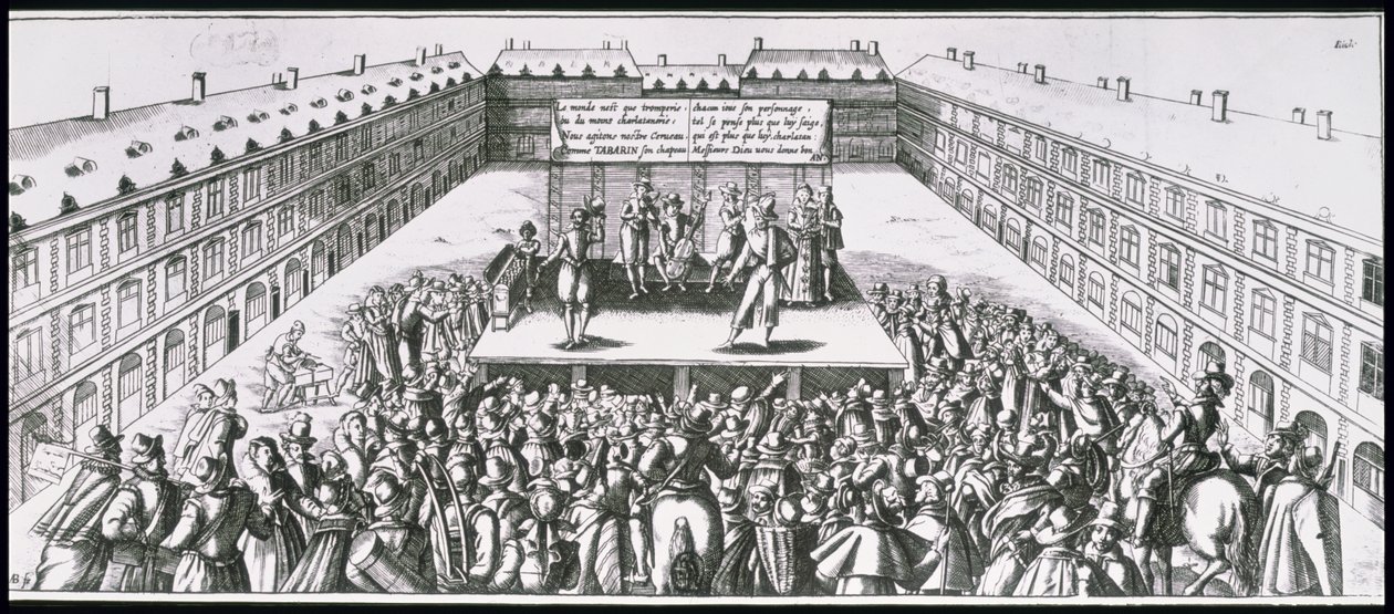 Szabadtéri színházi előadás Antoine Firarddal (1584-1633), Tabarin néven a színpadon alkotó: French School