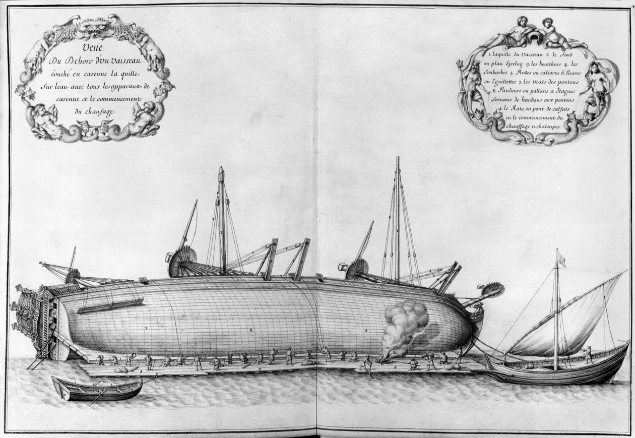 A hajótesten fekvő hajó kívülről, az Atlas de Colbert illusztrációja, 41. tábla (ceruza és WC papíron) alkotó: French School