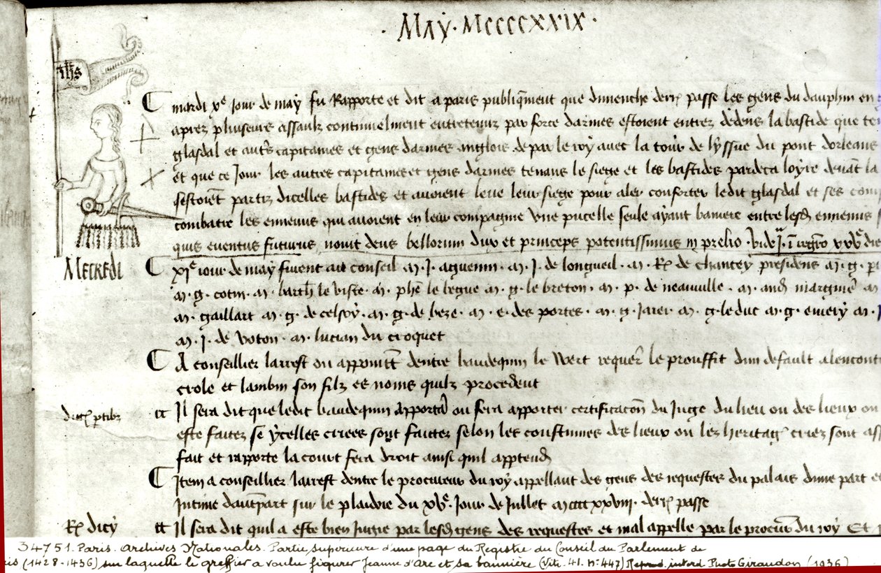 Oldal a „Párizsi Parlament Tanácsának nyilvántartásából”, amely Joan of Arc-ot (1412-31 körül) ábrázolja, 1429. május 10. alkotó: French School