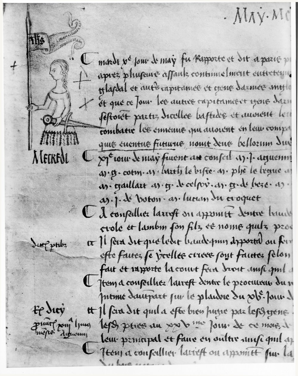 Oldal a „Párizsi Parlament Tanácsának nyilvántartásából”, amely Joan of Arc-ot (1412-31 körül) ábrázolja, 1429. május 10. alkotó: French School