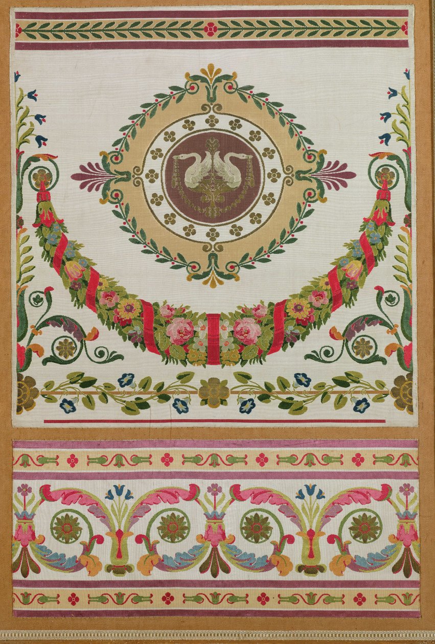 Selyempanel virágfüzérrel és hattyúkkal Pernonból, Lyonból (selyem) alkotó: French School