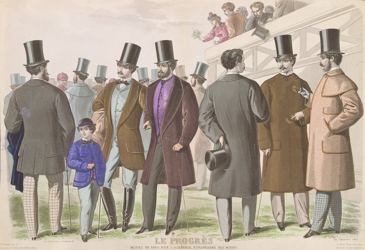Párizsi reklám divatos férfias ruházatról, 1865 alkotó: French School