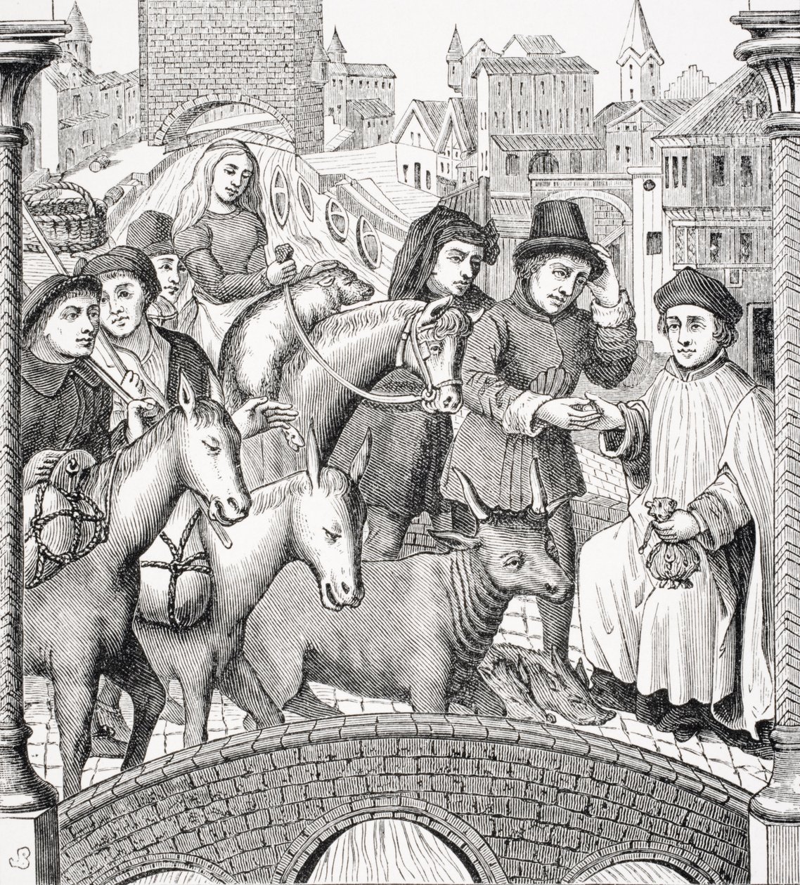 Az útdíj fizetése egy hídon, Paul Lacroix (1806-84) 1847-ben megjelent „Le Moyen Age et La Renaissance” című művéből alkotó: French School