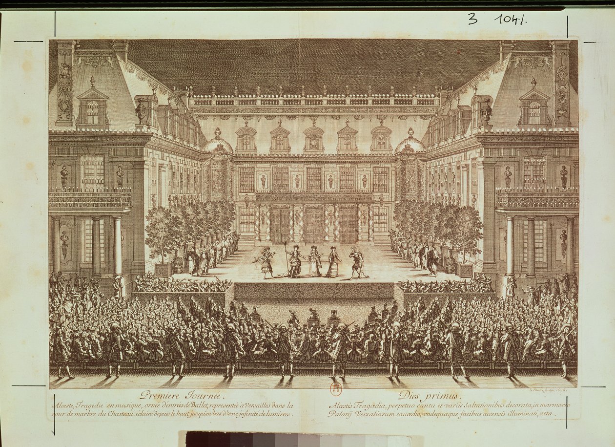 Az „Alceste” opera előadása a Versailles-i kastély márványudvarában, Antoine Le Pautre (1621-91) metszete 1676 alkotó: French School