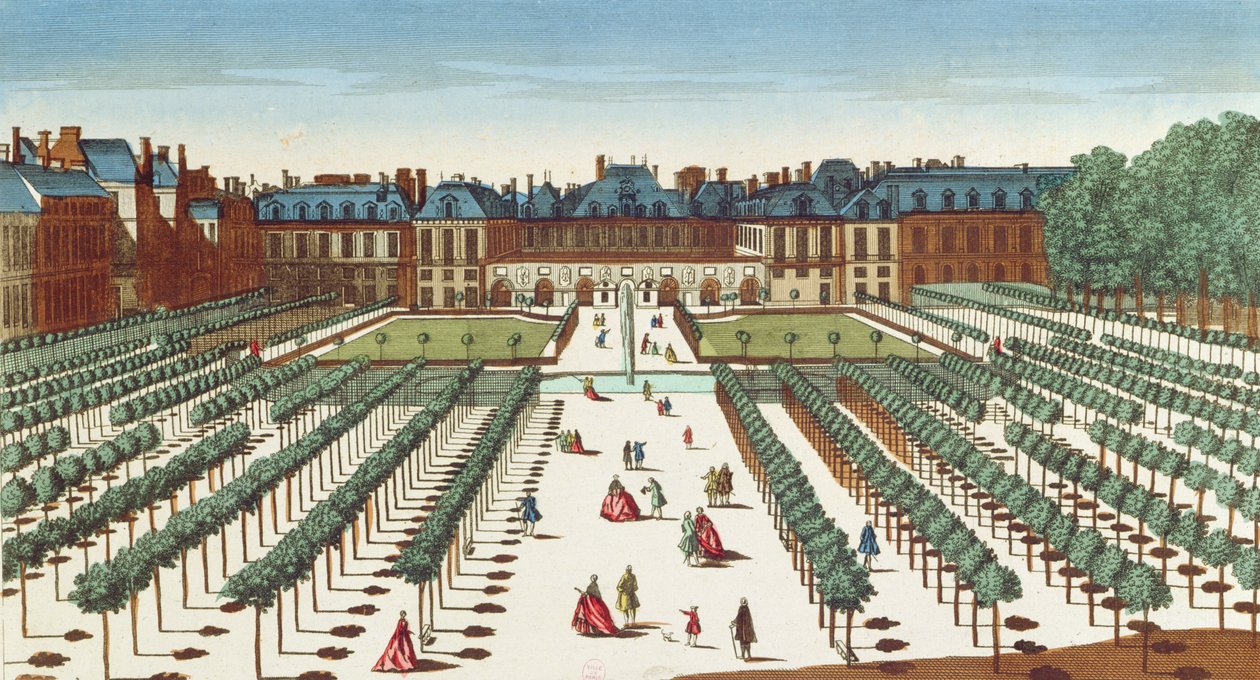 Perspektivikus kilátás a Palais Royalra a kertből alkotó: French School