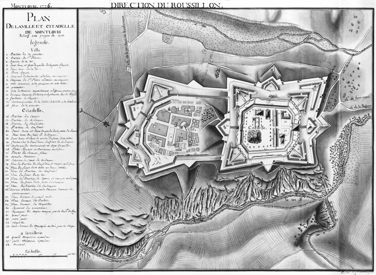 Mont-Louis városának és fellegvárának terve és térképe, 1776 (ceruza és WC papíron) alkotó: French School