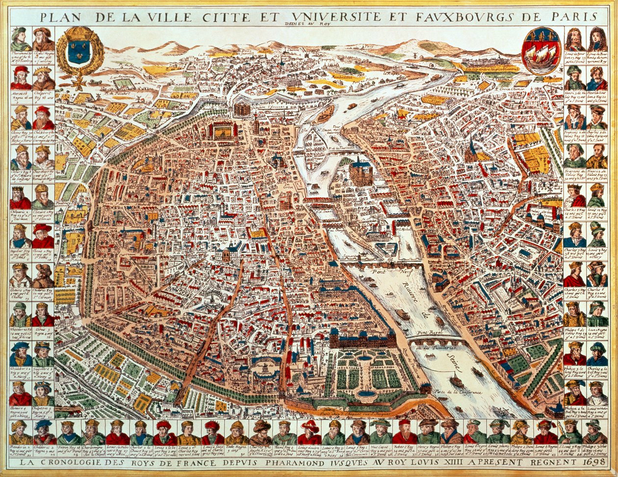 Párizs terve, amelyet Franciaország királyainak időrendi portrésorozata határol Pharamondtól XIV. Lajosig, 1698 (kézzel színezett metszet) alkotó: French School