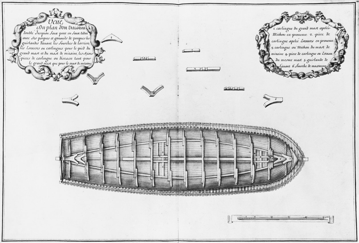 A hamis fedélzetre sorakozó hajó terve, az Atlas de Colbert illusztrációja, 14. tábla (ceruza és WC papíron) alkotó: French School