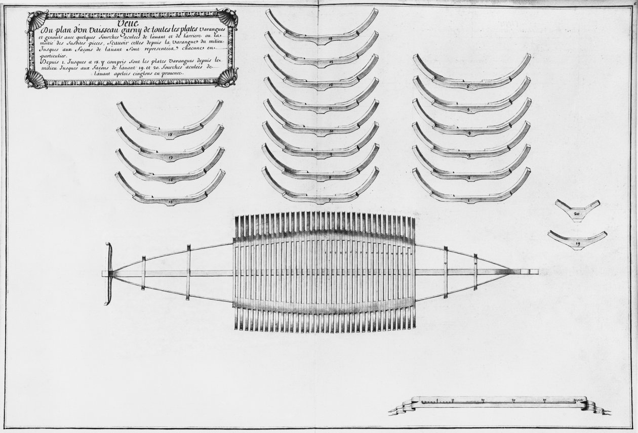 Egy hajó terve az összes padlólemezével, illusztráció az Atlas de Colbertből, 6. tábla (ceruza és WC papíron) alkotó: French School