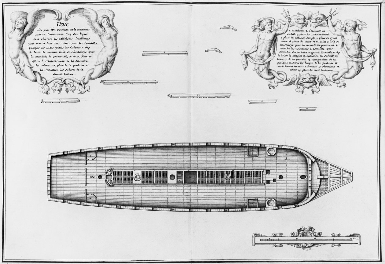 Egy hajó terve teljesen kész második fedélzettel, illusztráció az Atlas de Colbertből, 34. tábla (ceruza és WC papíron) alkotó: French School