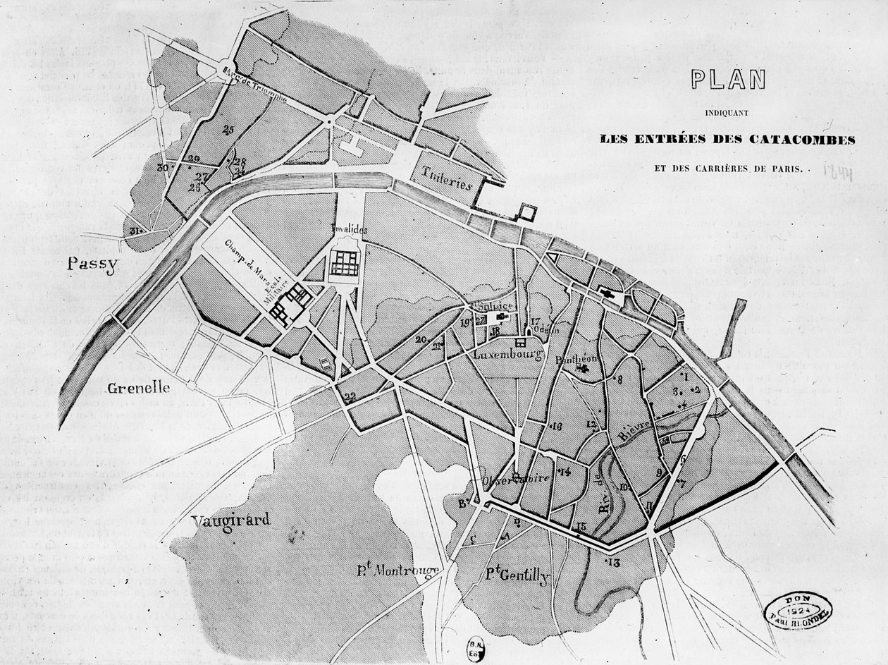 A párizsi katakombák és kőbányák bejáratainak terve, 1844 alkotó: French School