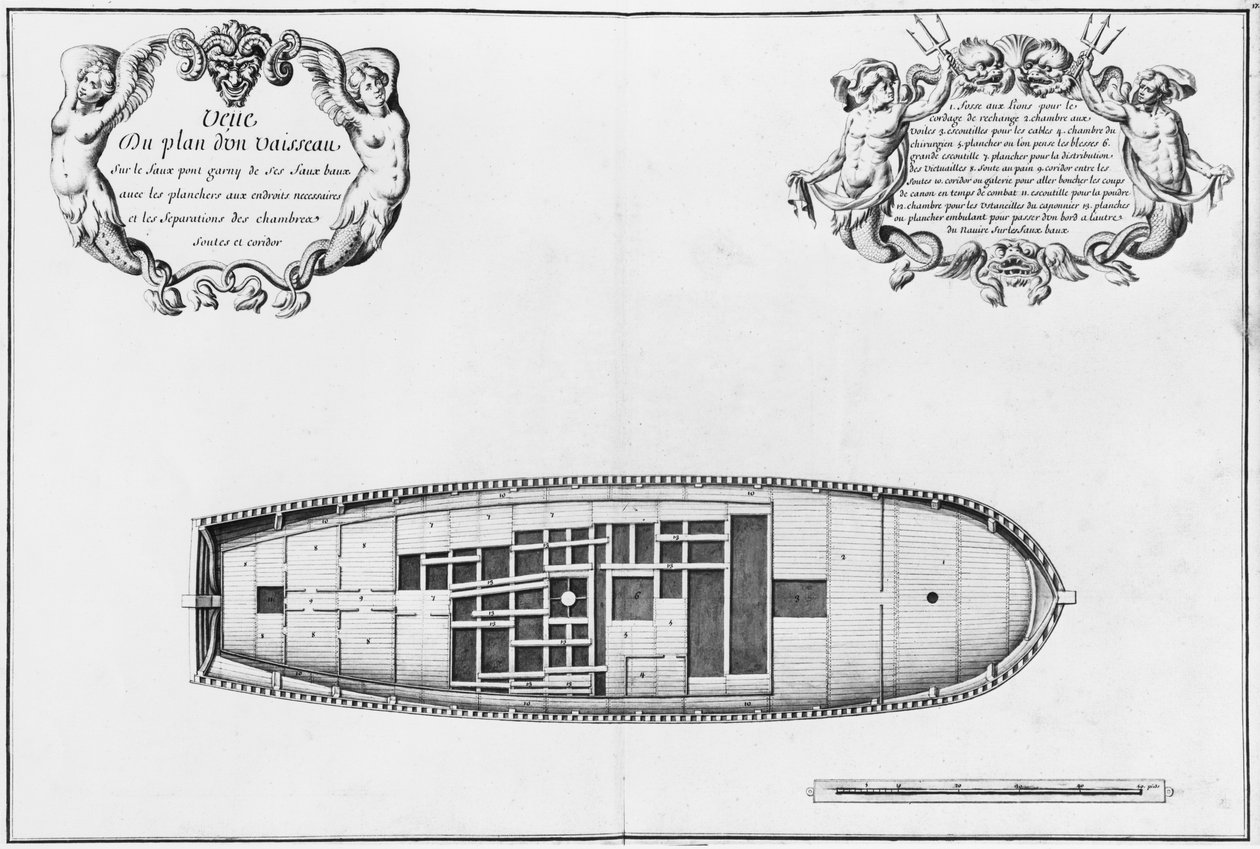 Egy hajó hamis fedélzetének terve, illusztráció az Atlas de Colbertből, 17. tábla (ceruza és WC papíron) alkotó: French School