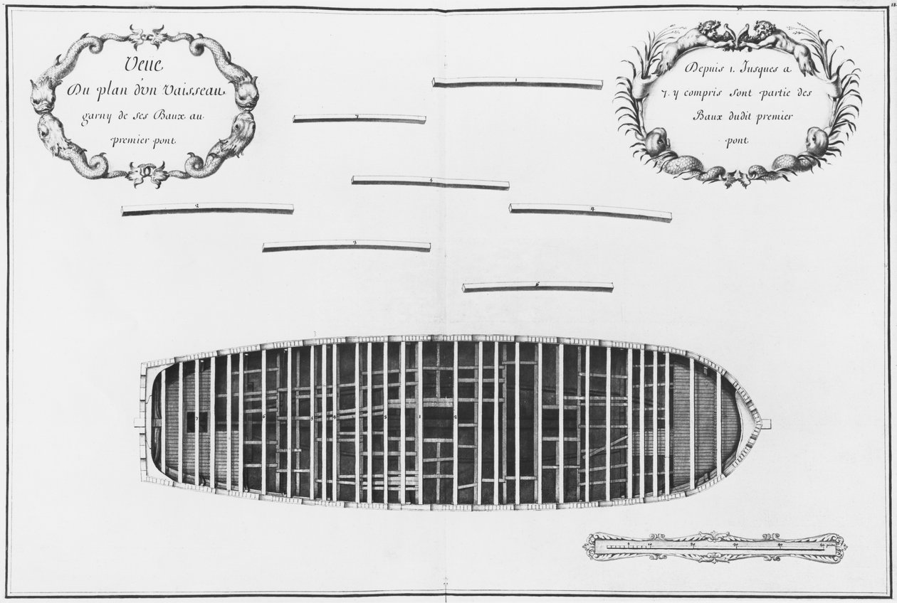Egy hajó első fedélzetének terve, az Atlas de Colbert illusztrációja, 18. tábla (ceruza és WC papíron) alkotó: French School