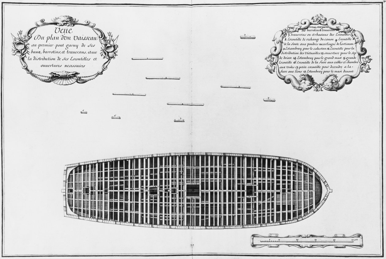 Egy hajó első fedélzetének terve, az Atlas de Colbert illusztrációja, 19. tábla (ceruza és WC papíron) alkotó: French School