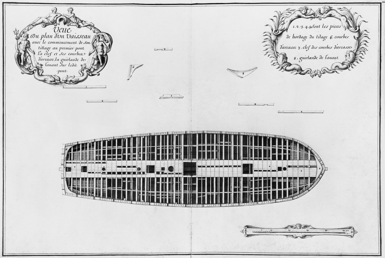 Egy hajó első fedélzetének terve, illusztráció az Atlas de Colbertből, 20. tábla (ceruza és WC papíron) alkotó: French School