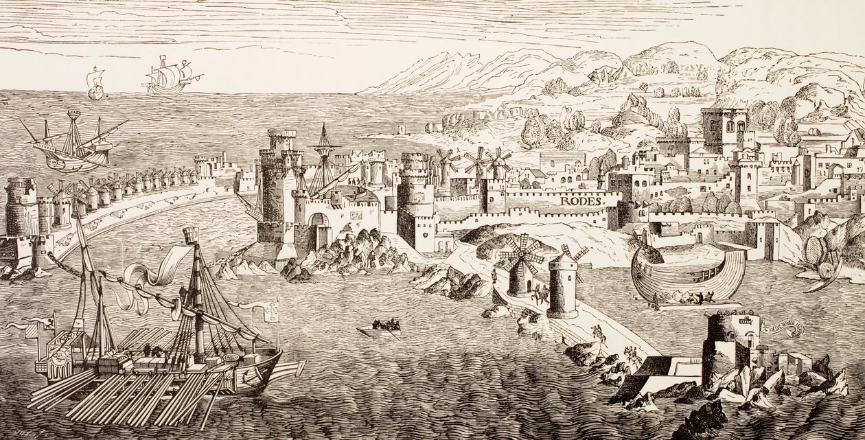 A görögországi Rodosz szigetének terve a 15. században, Paul Lacroix „Katonai és vallási élet a középkorban” című művéből, London, 1880 körül. alkotó: French School