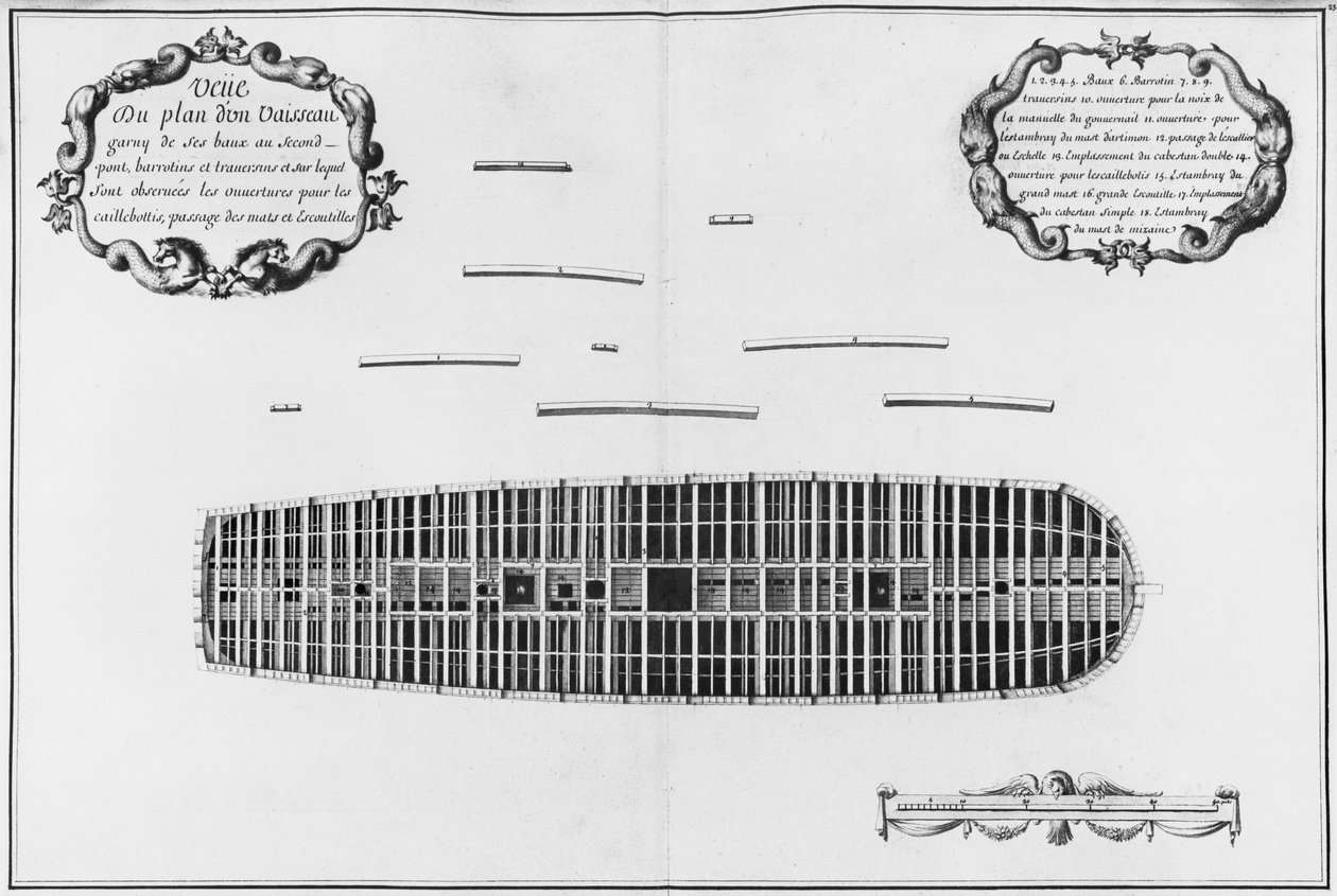 Egy hajó második fedélzetének terve, az Atlas de Colbert illusztrációja, 23. tábla (ceruza és WC papíron) alkotó: French School
