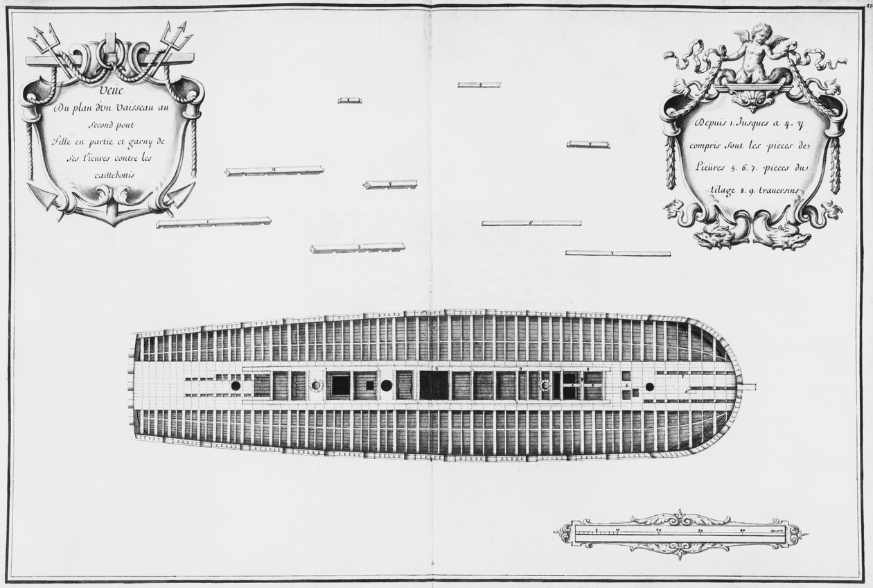 Egy hajó második fedélzetének terve, az Atlas de Colbert illusztrációja, 27. tábla (ceruza és WC papíron) alkotó: French School