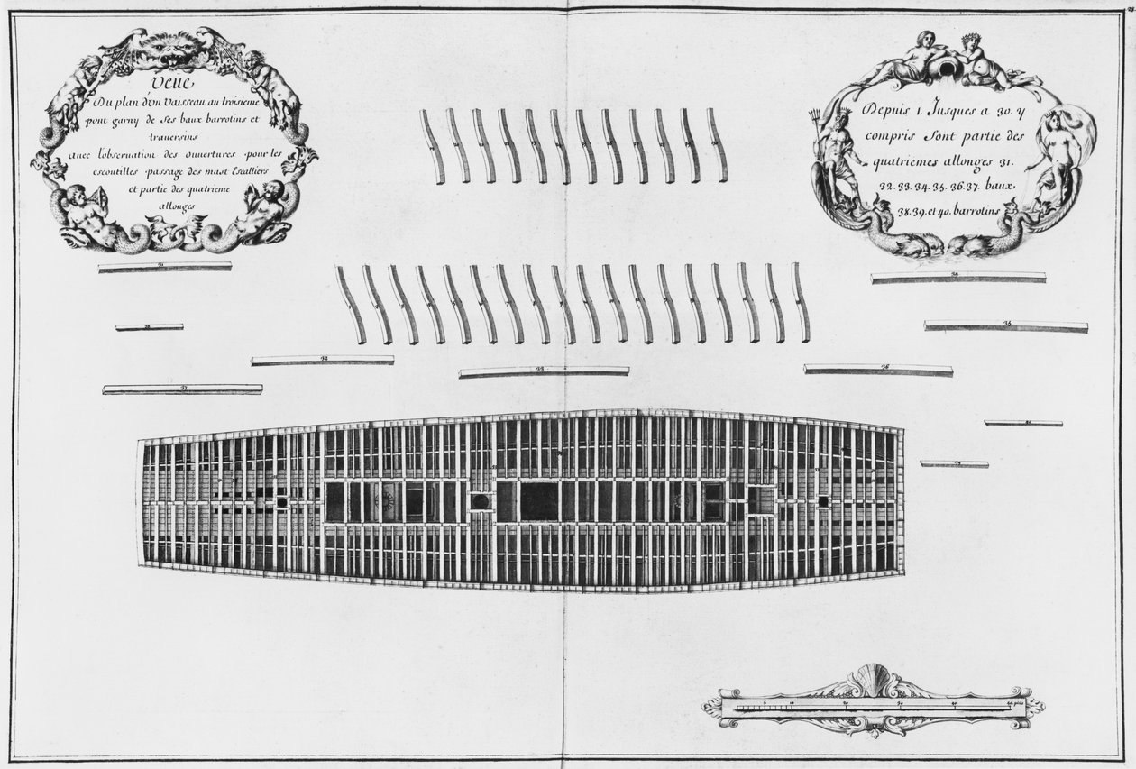 Egy hajó harmadik fedélzetének terve, az Atlas de Colbert illusztrációja, 28. tábla (ceruza és WC papíron) alkotó: French School