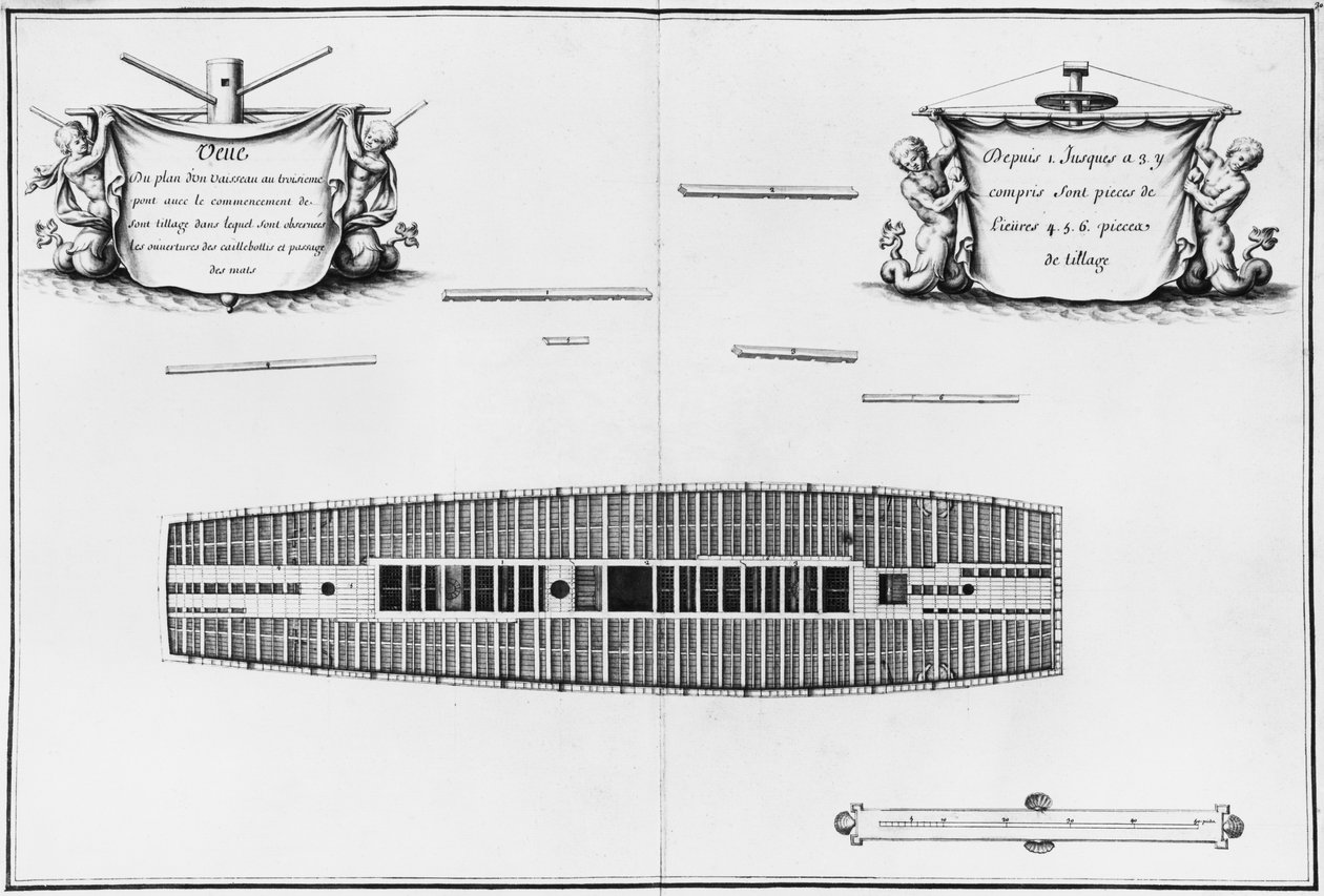 Egy hajó harmadik fedélzetének terve, illusztráció az "Atlas de Colbert"-ből, 30. tábla (ceruza és vc, papír) alkotó: French School