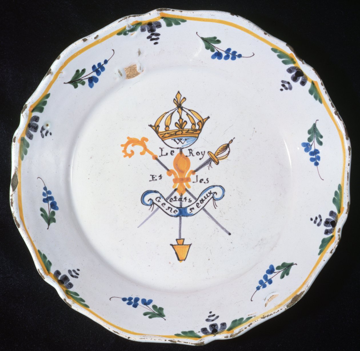 Tányér Le Roi et les Etats Generaux felirattal, a három rend és a király emblémáival, 1789 (kerámia) alkotó: French School