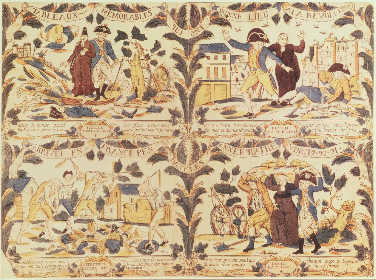 Népszerű képek, amelyek rajzfilmekben kiemelik a forradalom fő okait Franciaországban, 1792 körül alkotó: French School