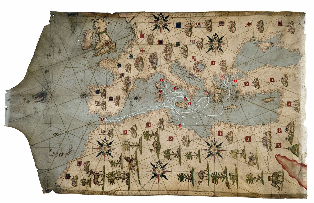 Portolai térkép a Földközi-tenger partjáról, amely az Ulysses-út különböző szakaszait ábrázolja, amint azt a Homers Odyssey, 1593 (pergamen) írja alkotó: French School