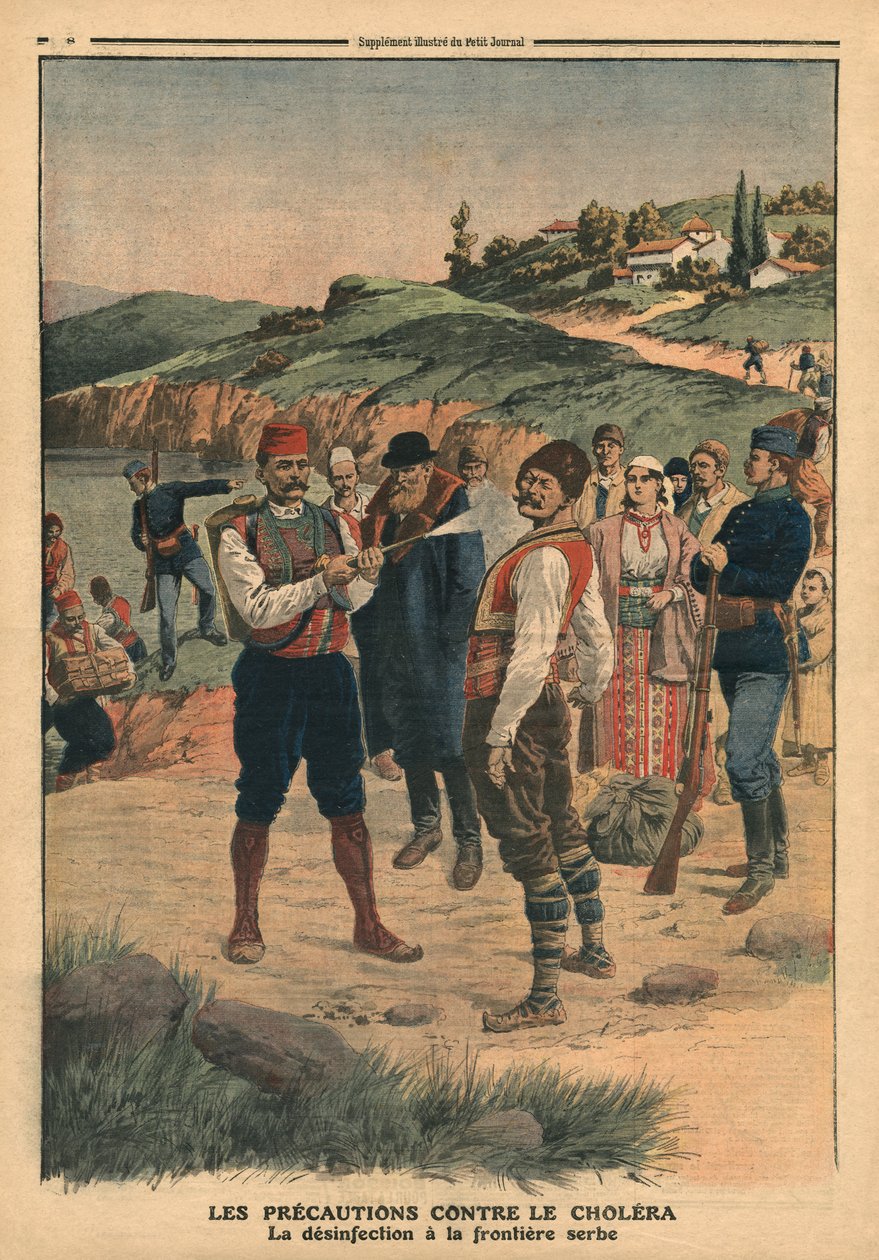 A kolera megelőzésére tett óvintézkedések, fertőtlenítés a szerb határon, illusztráció a „Le Petit Journal”-ból, 1911. január 1. alkotó: French School