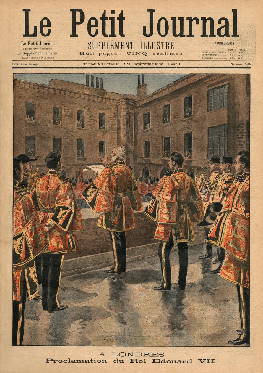 VII. Edward király kiáltványa, London, a „Le Petit Journal” első borítójának illusztrációja, illusztráció, 1901. február 10. alkotó: French School