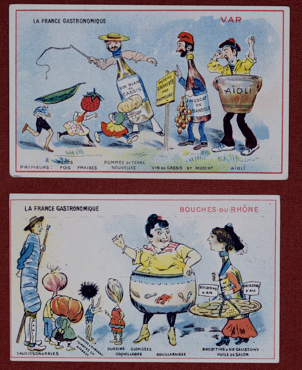 Promóciós és oktatási kártyák gyerekeknek, amelyek a Var és Bouches-du-Rhone régió ételkülönlegességeit ábrázolják, 1910 körül alkotó: French School