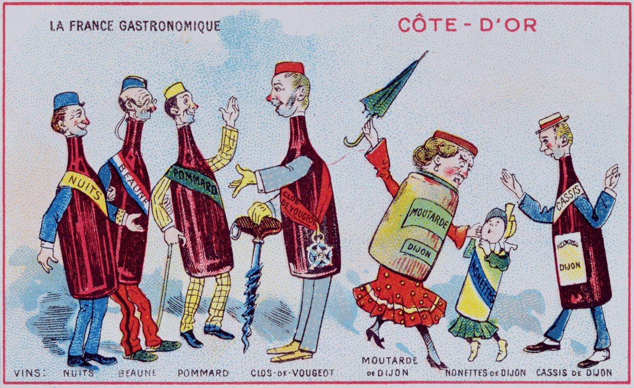 Promóciós és oktatási kártya gyerekeknek, amely a Cote-DOr régió ételkülönlegességeit ábrázolja, 1910 körül alkotó: French School