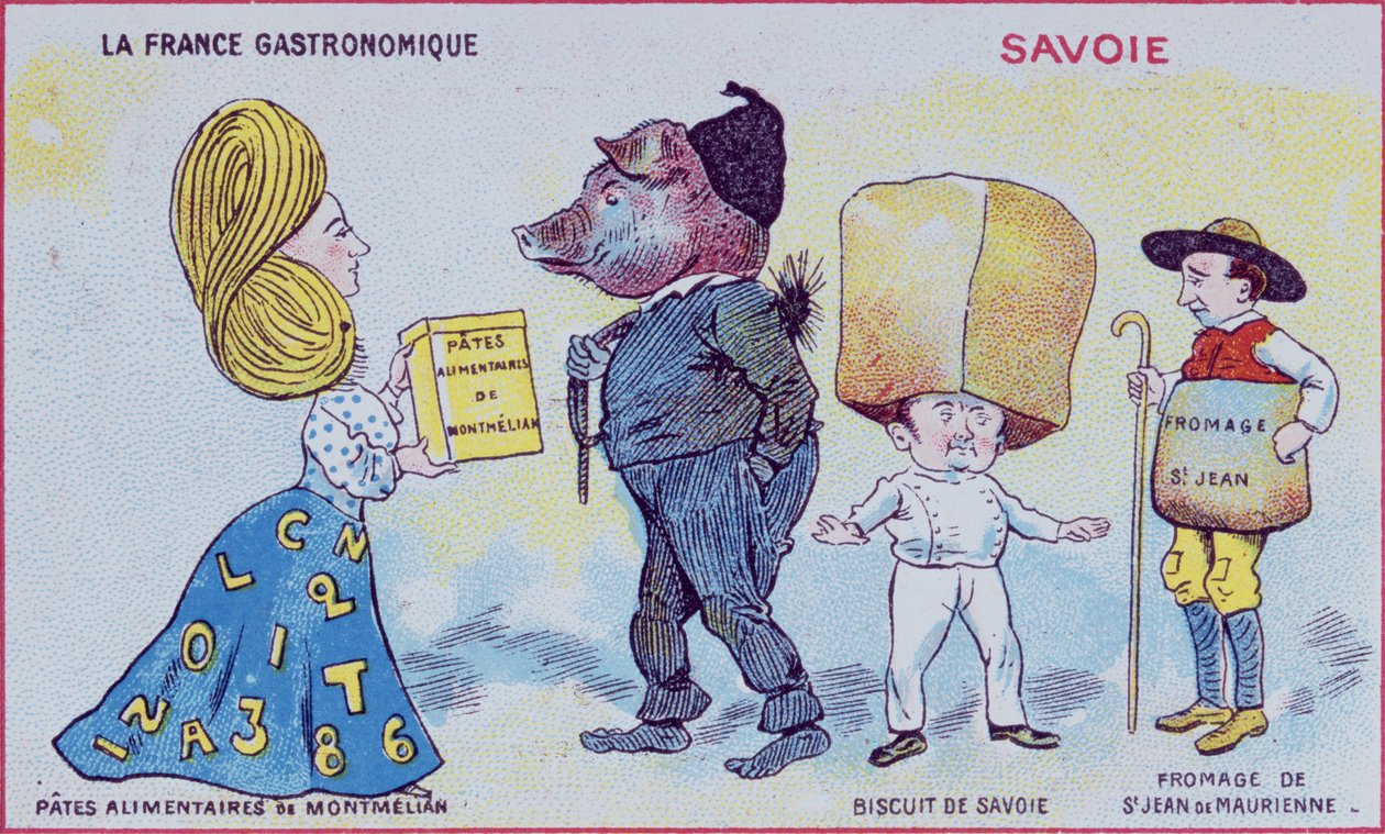 Promóciós és oktatási kártya gyerekeknek, amely a Savoie régió ételkülönlegességeit ábrázolja, 1910 körül alkotó: French School