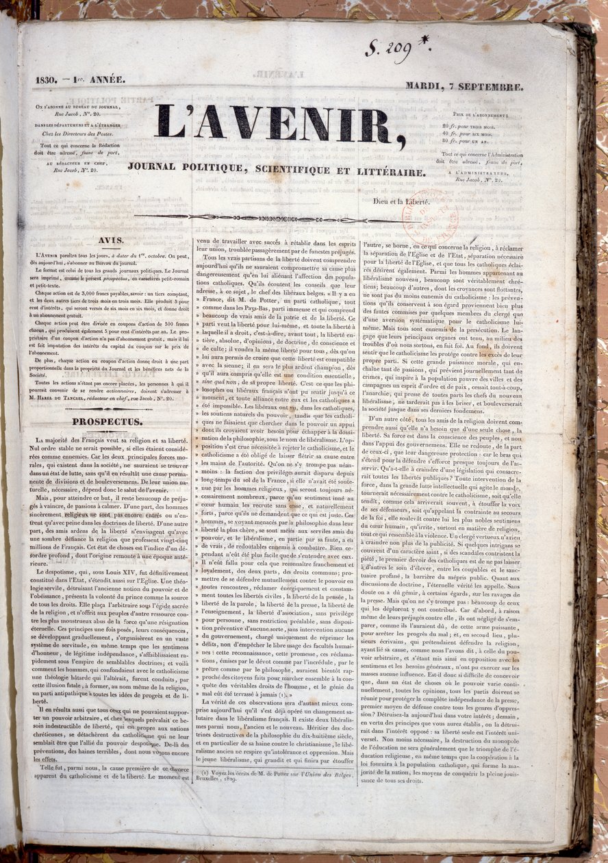 A LAvenir folyóirat közelgő megjelenését hirdető tájékoztató, 1830. szeptember 7. (nyomtatott papír) alkotó: French School