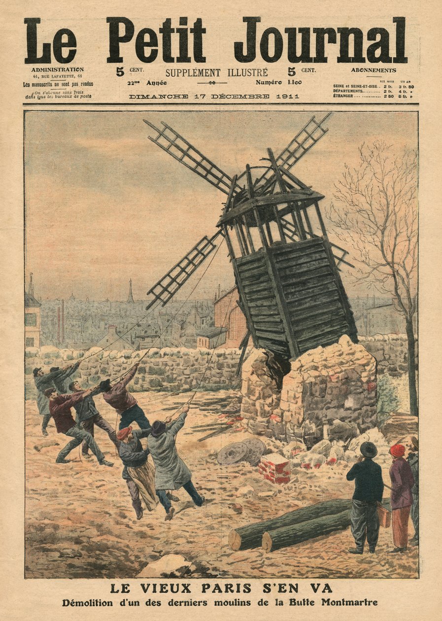 A Butte Montmartre egyik utolsó szélmalmának lebontása, illusztráció a „Le Petit Journal” című folyóiratból, mellékelt illusztráció, 1911. december 17. alkotó: French School