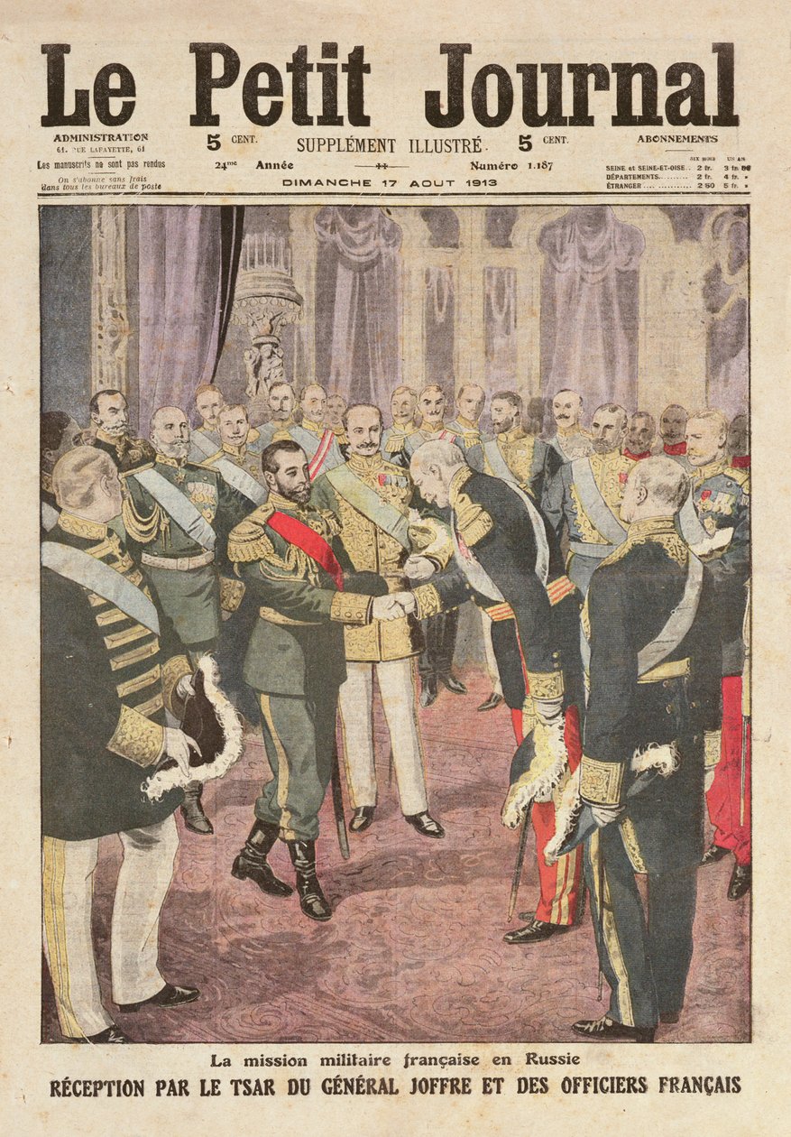 Joseph Joffre tábornok (1852-1931) fogadása II. Miklós (1894-1917) által a Peterhof-palotában, a "Le Petit Journal"-ból, 1913. augusztus 17. alkotó: French School