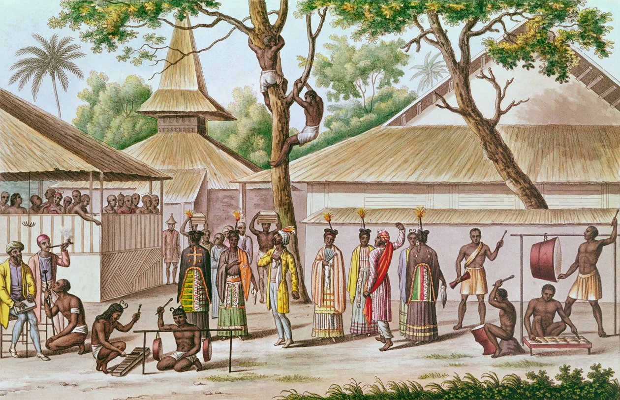 Vallási fesztivál Caieliben, Buru szigetén, Louis Isidore Duperrey (1786-1865) „Utazás a világ körül a Corvette Coquille-n (1822-25) című filmből alkotó: French School