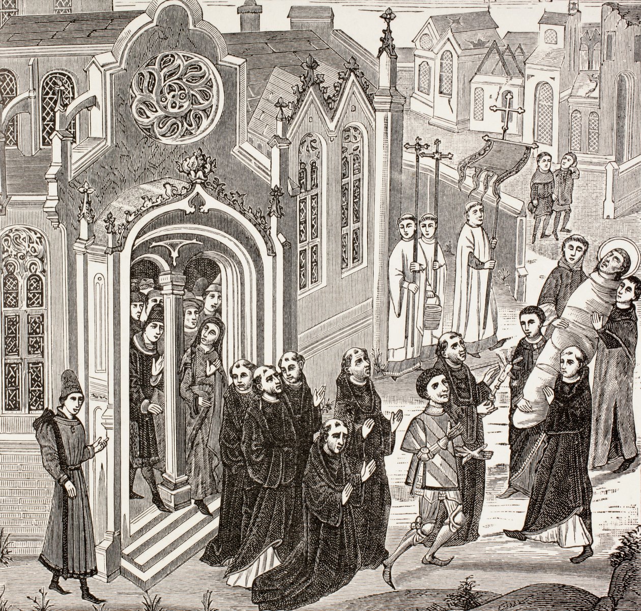 Mária Magdolna holttestének eltávolítása a vezelay-i apátságba, Paul Lacroix „Katonai és vallási élet a középkorban” című művéből, London, 1880 körül. alkotó: French School