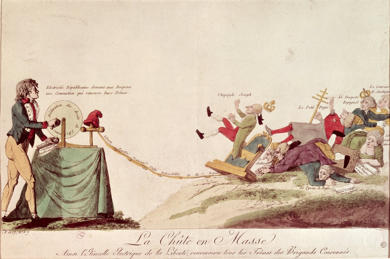 Forradalmi rajzfilm, amely „A szabadság elektromos szikráját ábrázolja, amely megdönti minden korrupt uralkodó trónját”, 1793 alkotó: French School