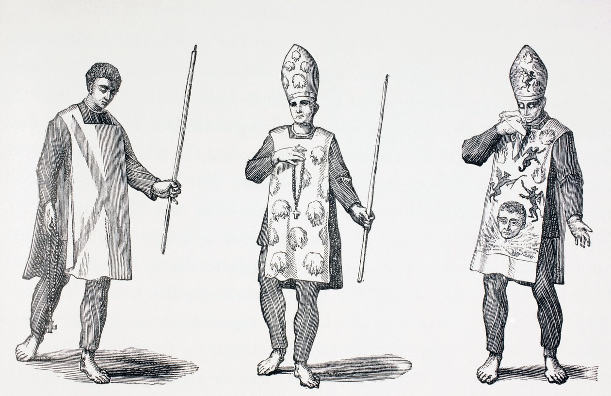 Az Auto-da-Fe bűnbánói által viselt Sambenitos Paul Lacroix „Katonai és vallási élet a középkorban” című művéből, London, 1880 körül. alkotó: French School