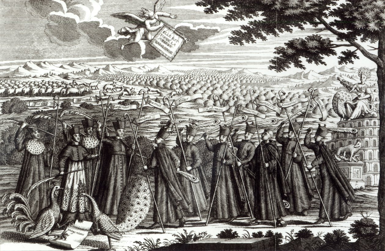 Szatirikus metszet, amely az „Unigenitus Dei Filius” bikát és a janzenisták és a jezsuiták harcát ábrázolja, 1714 alkotó: French School