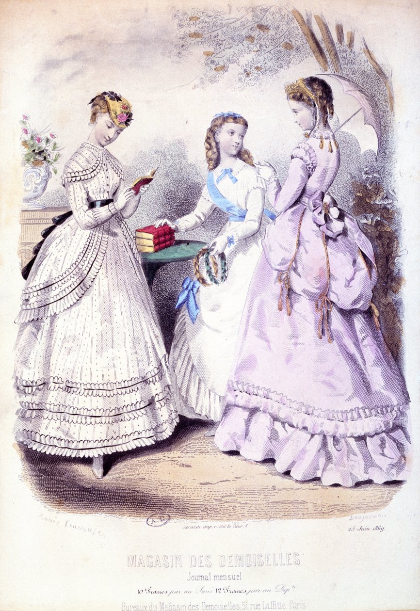 Iskolás lányok a díjátadó után, divatlap a Magasin des Demoiselles-t reklámozva, 1869 alkotó: French School