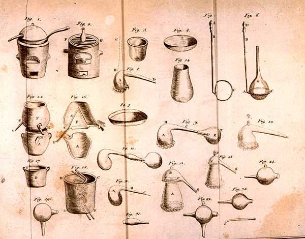 Tudományos berendezés, Antoine Laurent de Lavoisier (1743-94) A kémia elemei című művéből, D.Lizars metszete, 1796 alkotó: French School