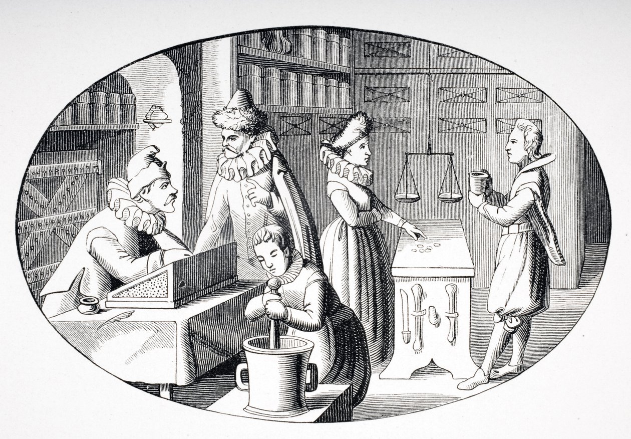 Élelmiszerbolt és gyógyszerész boltja a 17. században, Paul Lacroix (1806-84) „Le Moyen Age et La Renaissance” című művéből, 1847-ben alkotó: French School
