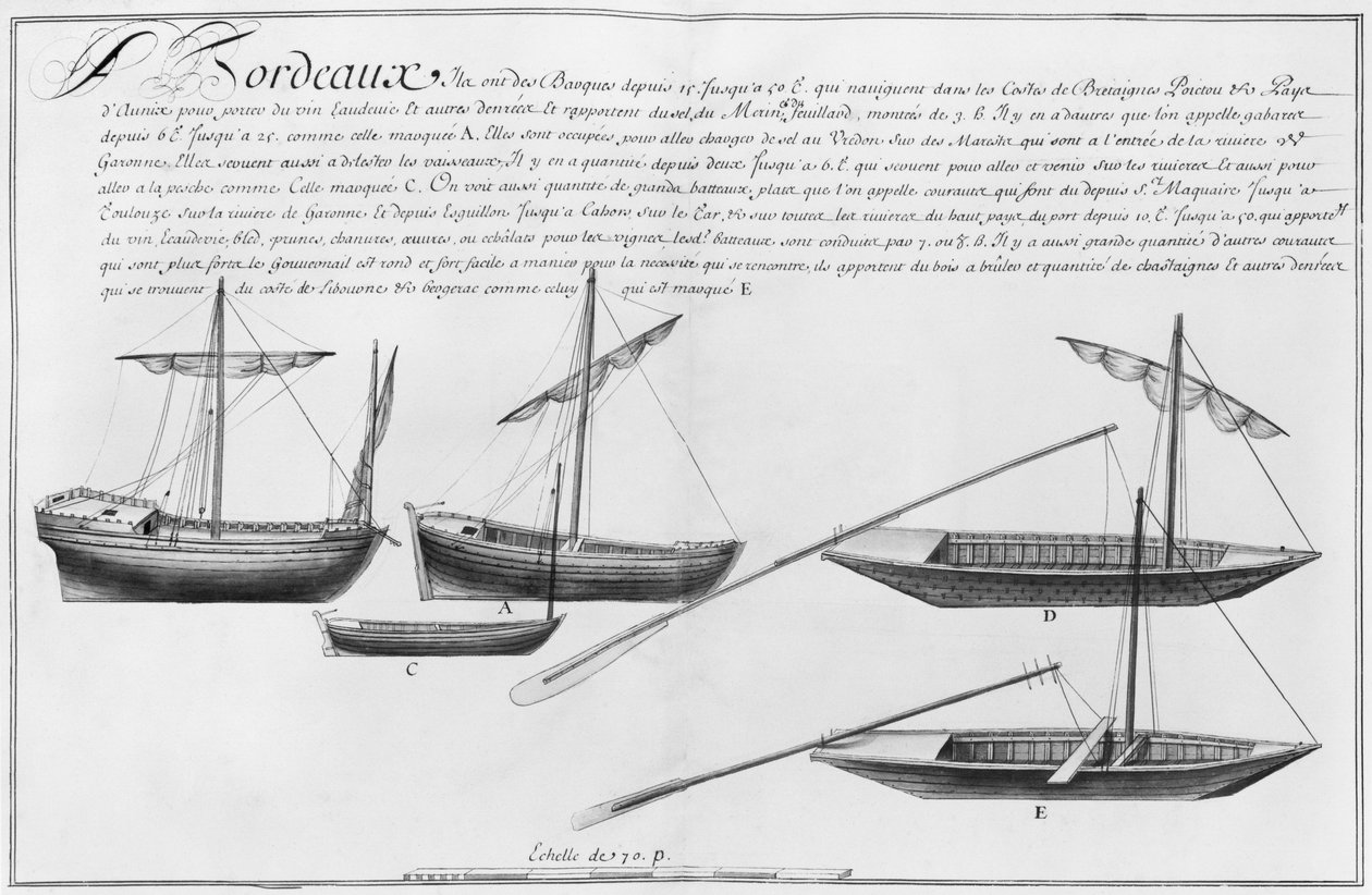 Kis csónakok, Bordeaux, illusztráció a „Desseins des differentes manieres de Vaisseaux... from Nantes to Bayonne”, 1679 (ceruza és WC papíron) alkotó: French School