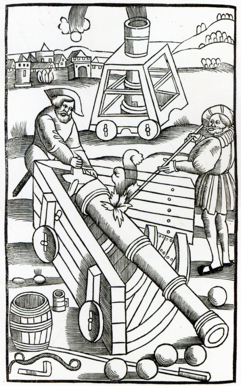 Katonák lövöldöznek egy ágyút, illusztráció a "De re Militari"-hoz Publius Flavius ​​​​Vegetius Renatus (fl.390), nyomta Christian Wechel, Párizs, 1532 alkotó: French School