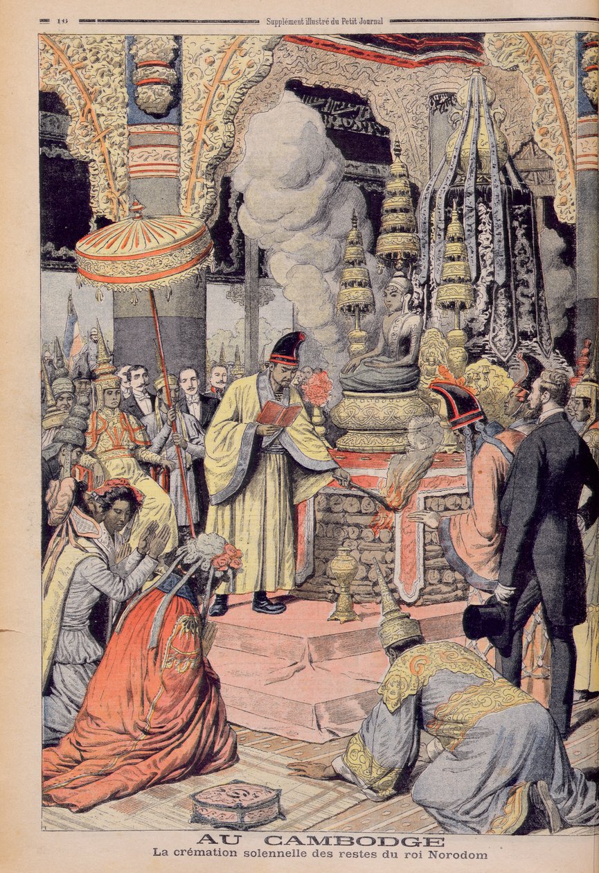 I. Norodom király (1835-1904), Kambodzsa királyának ünnepélyes hamvasztása, illusztráció a „Le Petit Journal” 1906-ból alkotó: French School